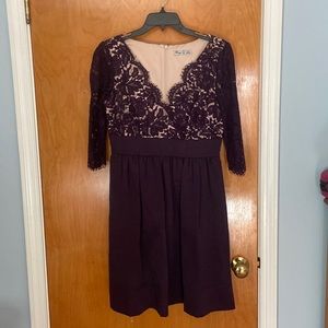 Eliza J fit and flare purple knee-length dress with lace top and 3/4 sleeves